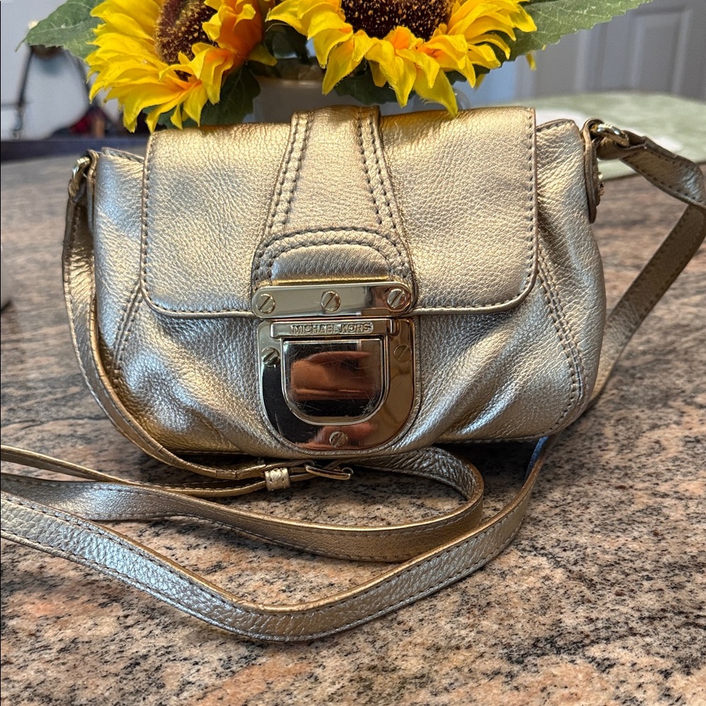 Michael Kors Shimmery Gold Leather Crossbody with Polished Buckle